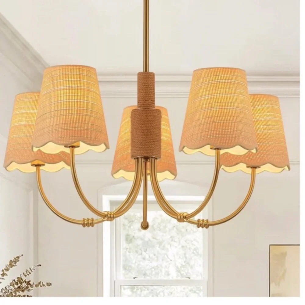 NIB Boho Rattan Chandelier Fabric Shade Antique Gold Brass 5-Lights Hemp Rope